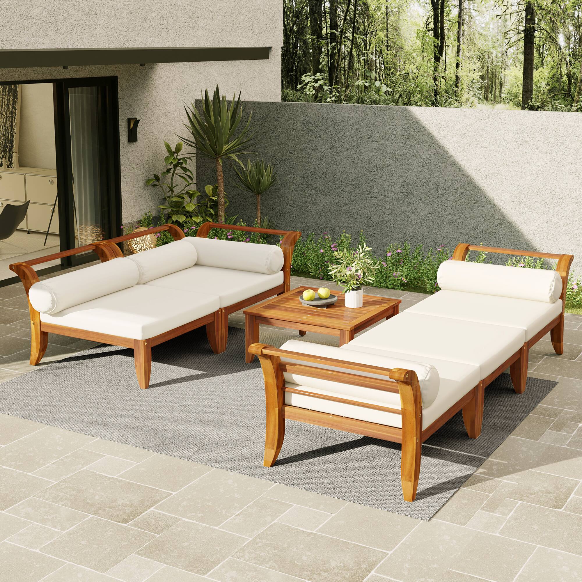 Left. Siljoy - TOPMAX 6-Piece Acacia Wood Patio Set, L-Shaped Convertible Daybed Sofa with Table, Ottoman & Cushions, Teak+Beige - Teak+ Beige.