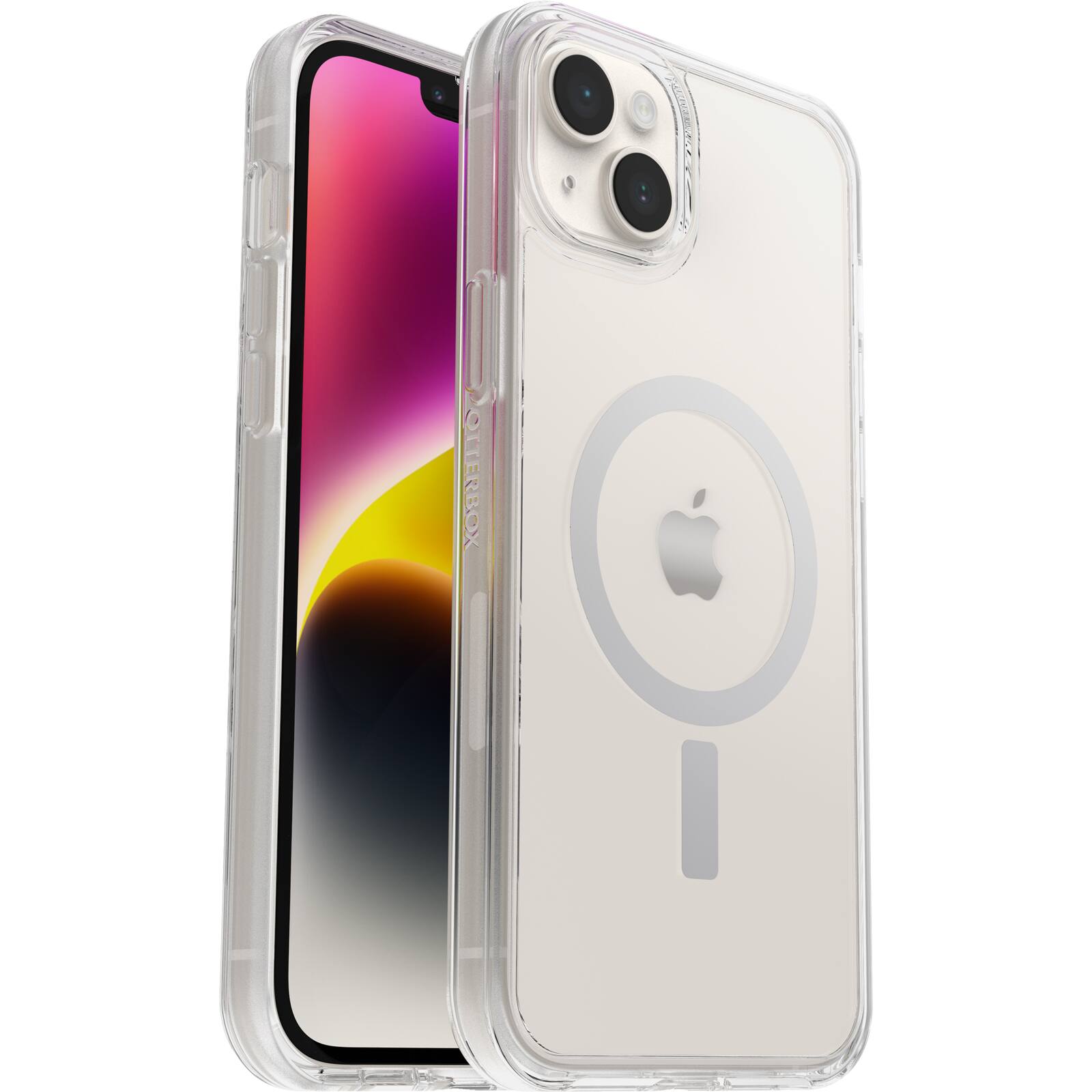 Left. OtterBox - Symmetry Series+ for MagSafe Hard Shell for Apple iPhone 14 Plus - Clear.