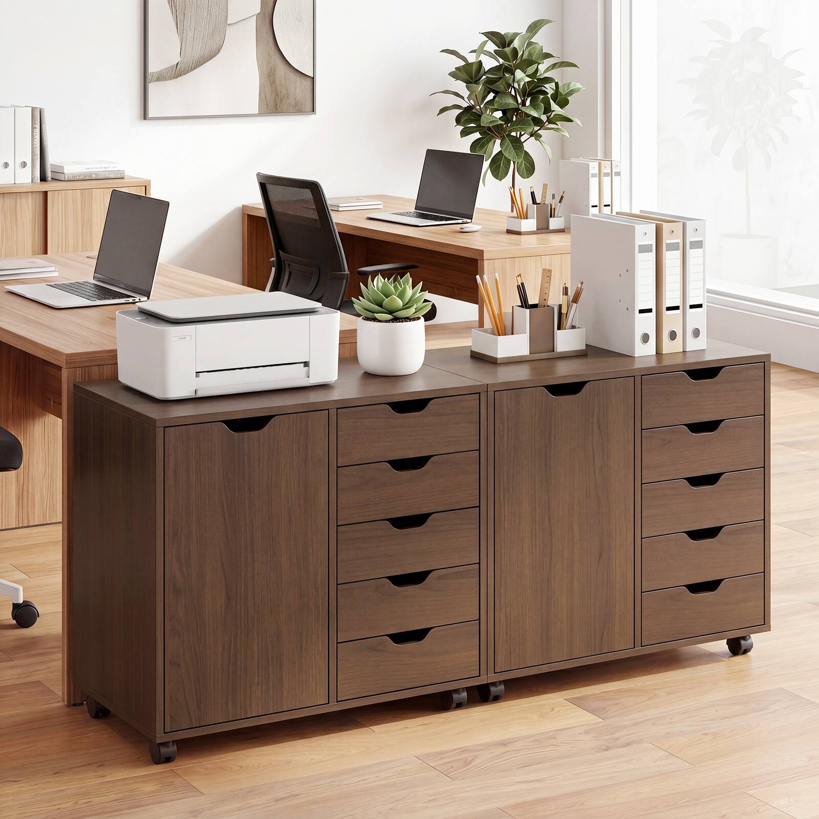 Alt View 2. Costway - Costway 5 Drawer Storage Cabinet on Wheels with Door and Adjustable Shelf for Home Office - Brown.