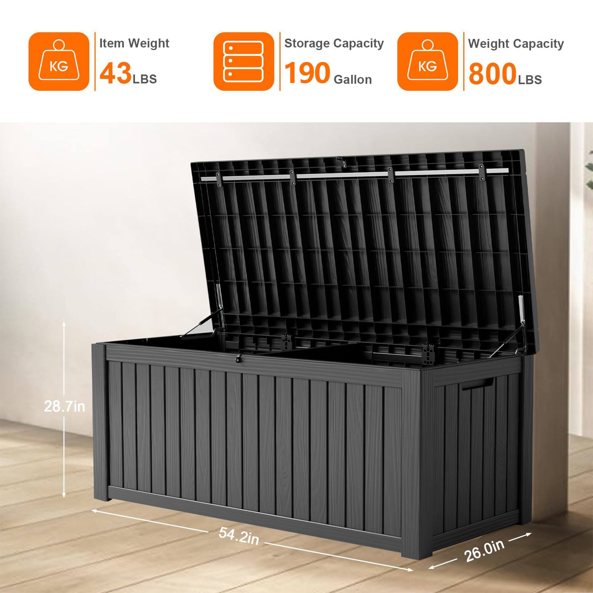 - Item Weight: 43 LBS
- Storage Capacity: 190 Gallon
- Weight Capacity: 800 LBS
- Dimensions: 54.2in (width) x 26.0in (depth) x 28.7in (height)