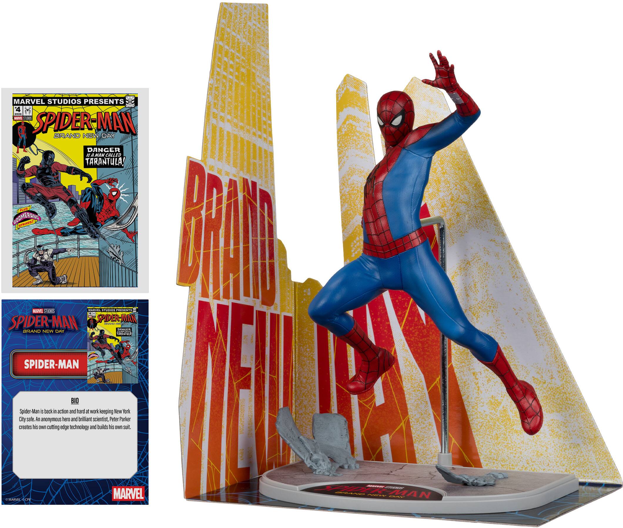 MARVEL STUDIOS PRESENTS

SPIDER-MAN
GRAND NEW DAY
DANCER TARANTULA!

SPIDER-MAN
SPIDER-MAN
POER RANO
NEW LAOT

SPIDER-MAN
BIO

Spider-Man is in action and hard work keeping New York City safe. An anonymous hero and brilliant scientist, Peter Parker creates his own cutting-edge technology and builds his own suit.

MARVEL