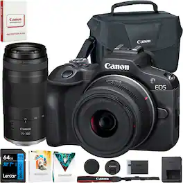 Canon - EOS R100 Camera Double Zoom Lens Kit w/RF-S18-45/RF75-300mm + 64GB Bundle