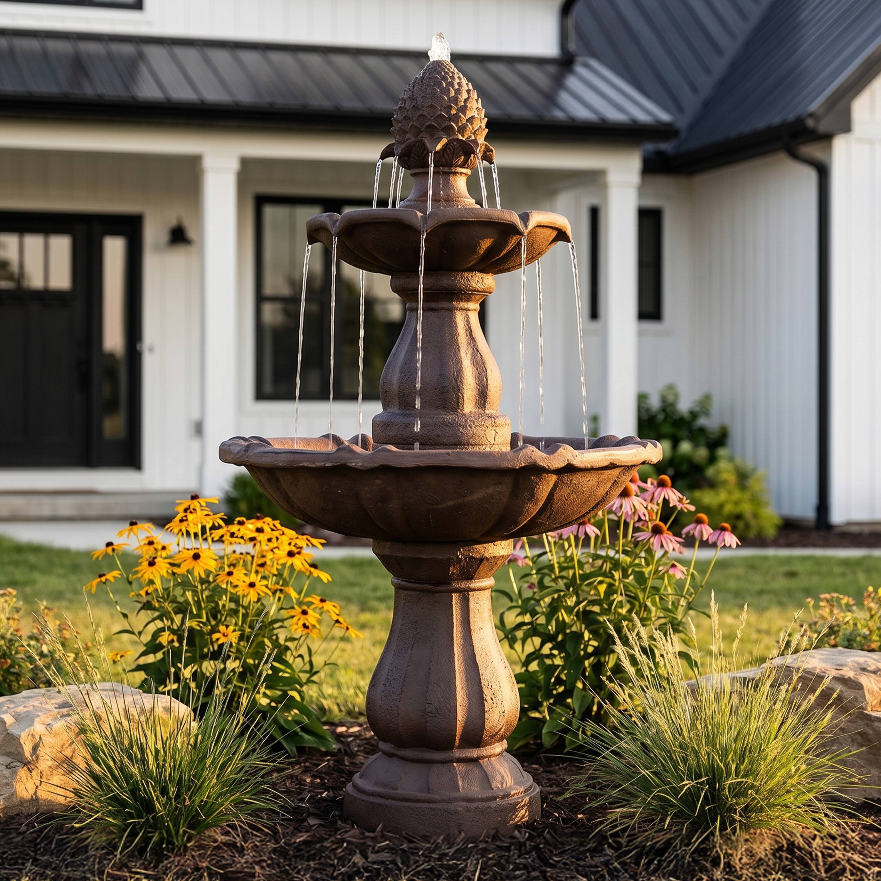 Alt View 5. Sunnydaze - Curved Plinth Polyresin Outdoor 2-Tier Water Fountain - Brown.