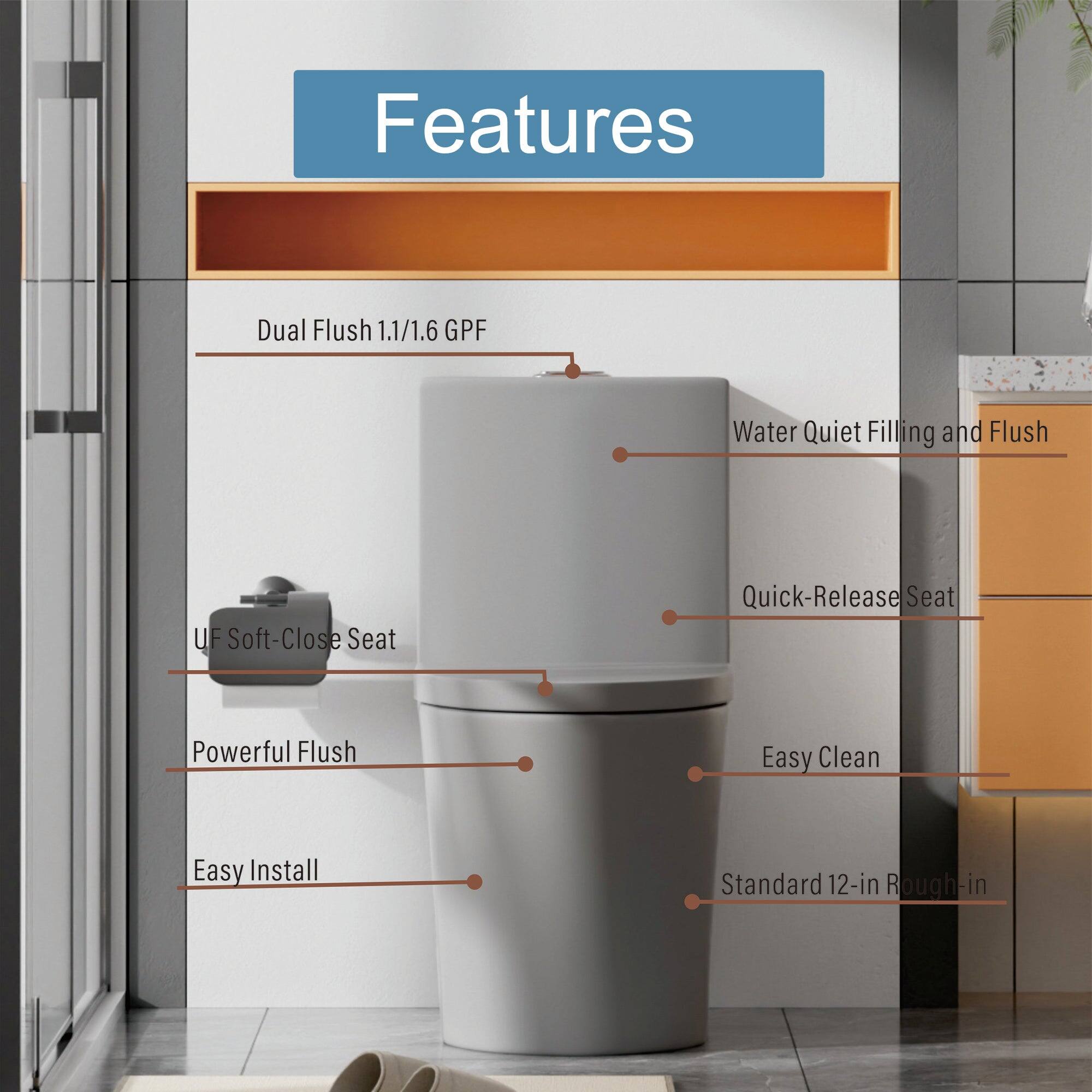 Features  
- Dual Flush 1.1/1.6 GPF  
- Water Quiet Filling and Flush  
- UF Soft-Close Seat  
- Quick-Release Seat  
- Powerful Flush  
- Easy Clean  
- Easy Install  
- Standard 12-in Rough-in