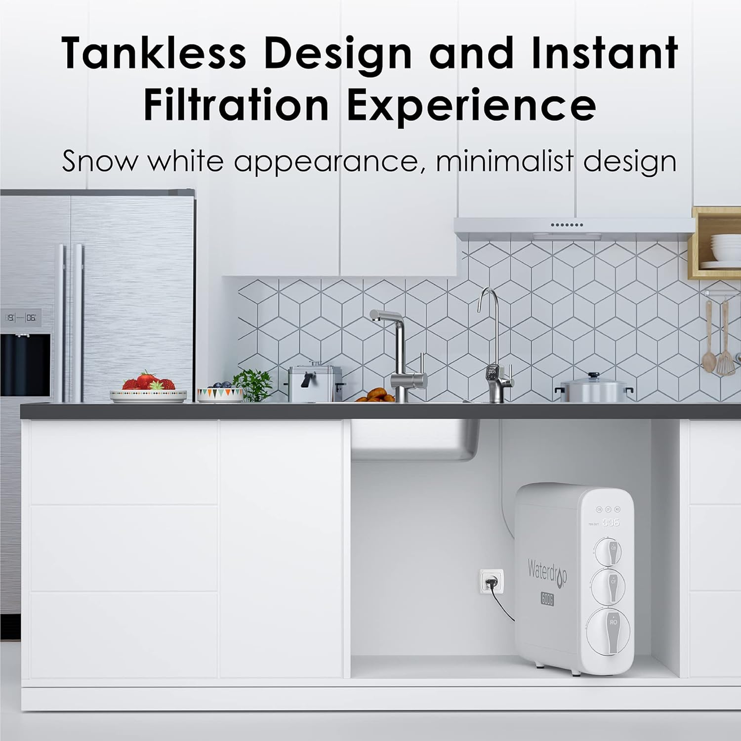 Tankless Design and Instant Filtration Experience, Snow white appearance, minimalist design. 8 D 1UF Waterdoo 1O
