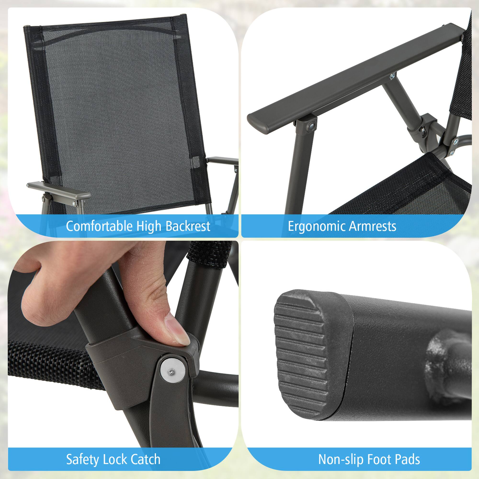 Comfortable High Backrest  
Ergonomic Armrests  
Safety Lock Catch  
Non-slip Foot Pads