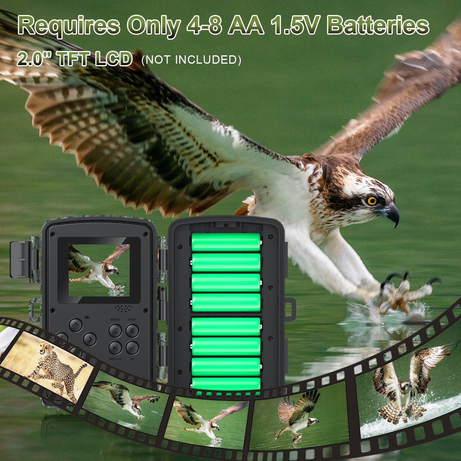 Requires Only 4-8 AA 1.5V Batteries  
2.0" TFT LCD (NOT INCLUDED)