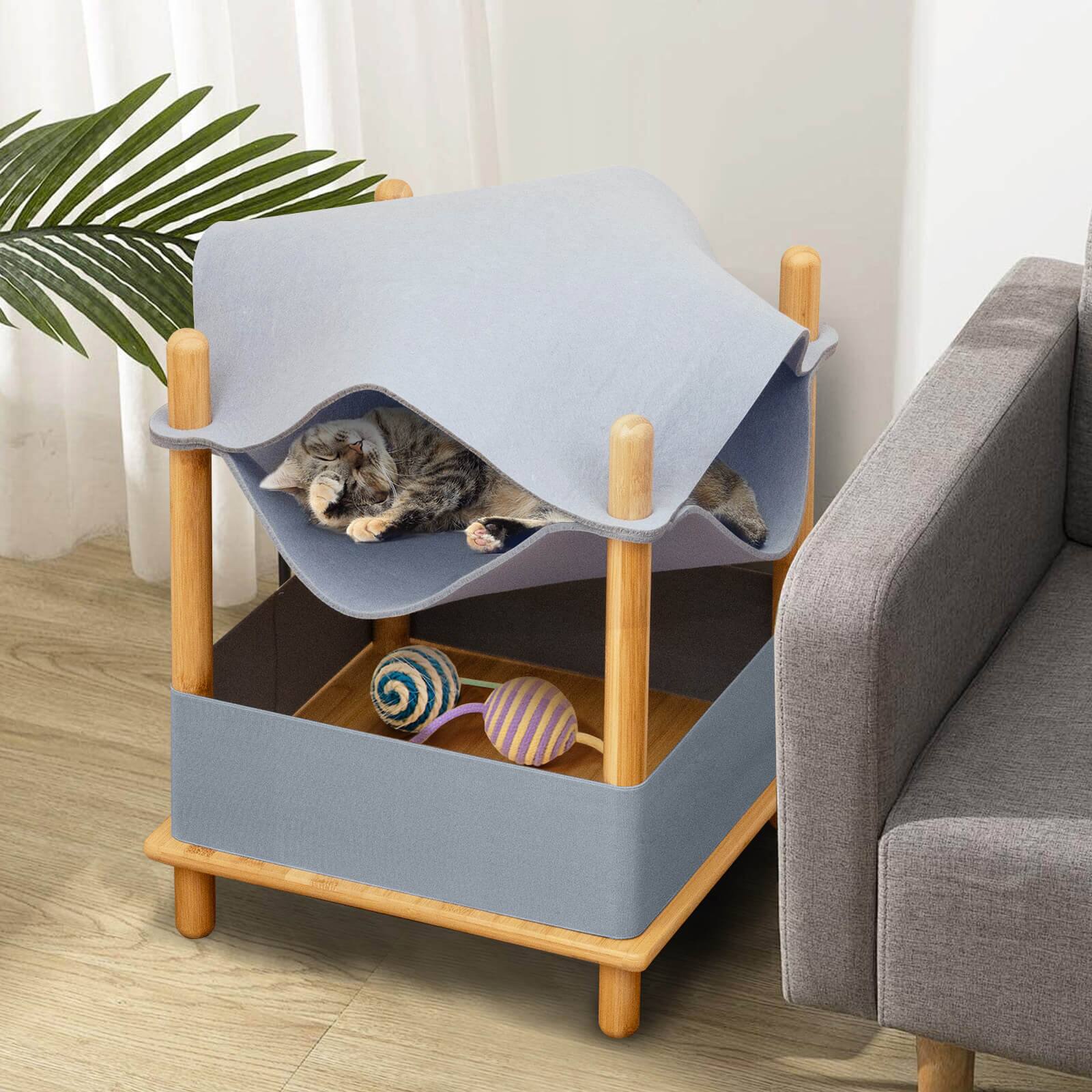 Alt View 1. Costway - Costway 2-Tier Wooden Cat House Modern Cat Tree w/ Storage Space Small Pet Furniture for Indoor Kittens - Natural,Gray.
