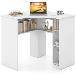 Costway - L-Shaped Computer Desk with Storage Shelves Adjustable Shelf for Home Office - White