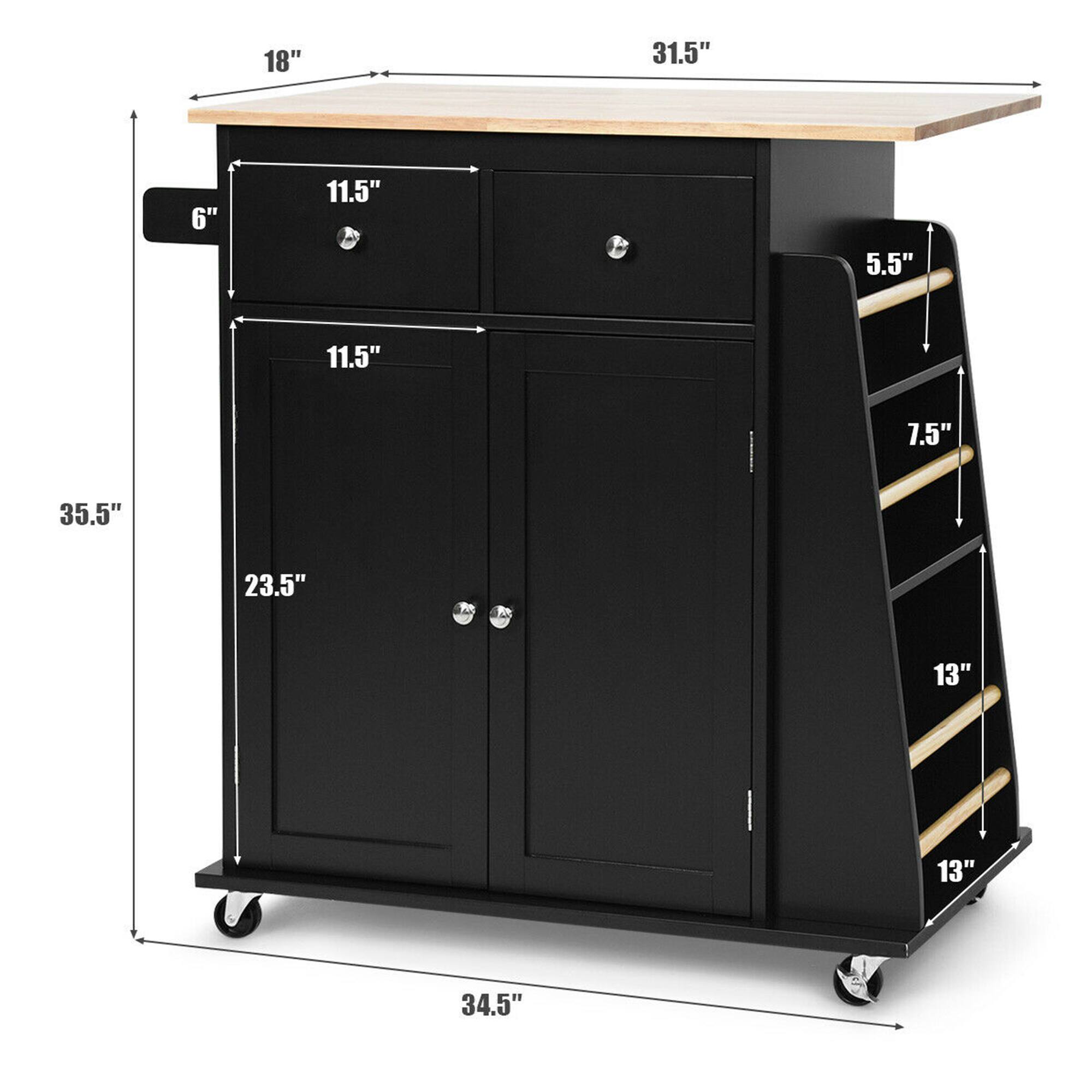 - Top surface: 31.5" wide, 18" deep
- Height: 35.5"
- Width: 34.5"
- Depth: 23.5"
- Drawer dimensions: 11.5" wide, 6" deep
- Cabinet dimensions: 11.5" wide, 23.5" deep
- Shelf dimensions: 5.5" deep, 7.5" deep, 13" deep, 13" deep