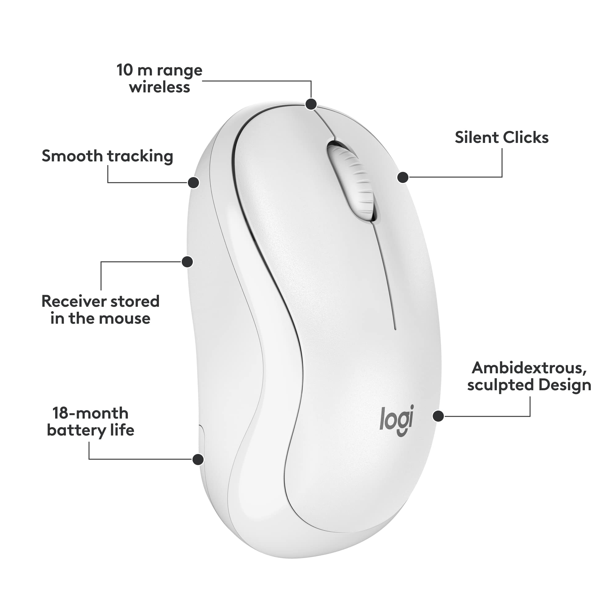 10 m range wireless  
Smooth tracking  
Silent Clicks  
Receiver stored in the mouse  
18-month battery life  
Ambidextrous, sculpted Design