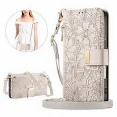 Front. Dteck - Floral Embossed Leather Zipper Cash Slot Wallet Case for Apple iPhone 17e & Apple iPhone 16e with Detachable Strap - Beige.