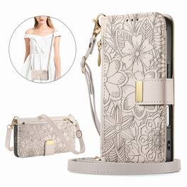 Dteck - Floral Embossed Leather Zipper Cash Slot Wallet Case for Apple iPhone 17 Pro Max with Detachable Strap - Beige