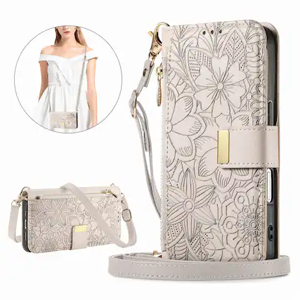 Front. Dteck - Floral Embossed Leather Zipper Cash Slot Wallet Case for Apple iPhone 17 Pro with Detachable Strap - Beige.