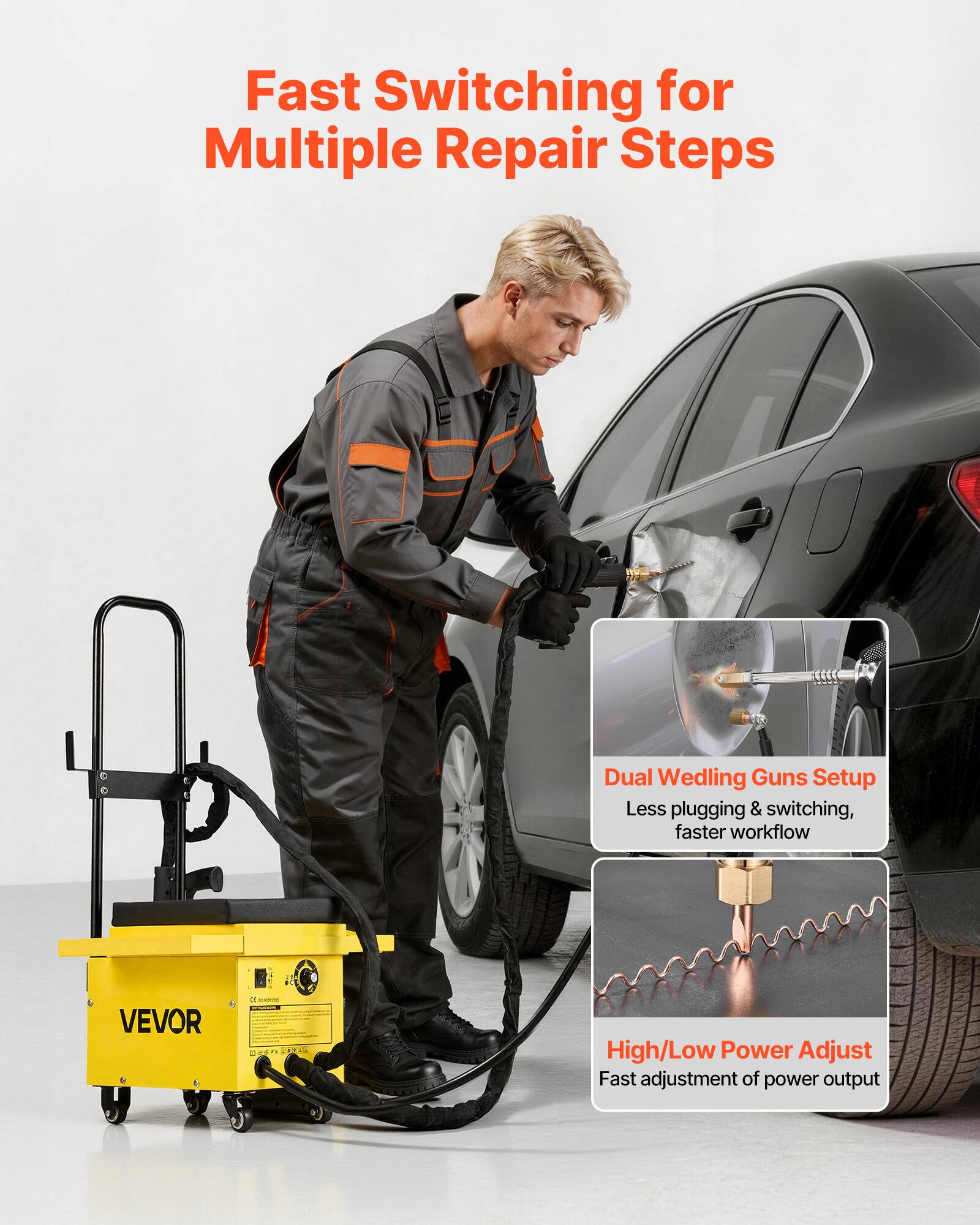 Fast Switching for Multiple Repair Steps

Dual Welding Guns Setup
Less plugging & switching, faster workflow

VEVOR

High/Low Power Adjust
Fast adjustment of power output