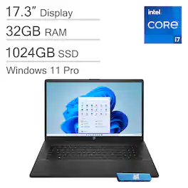 HP - 17 17.3'' 17t-cn300hd HD+ Laptop - Intel Core i7 with 32GB Memory - 1TB SSD - Numeric Keypad - IST HUB - Win 11Pro - Jet black