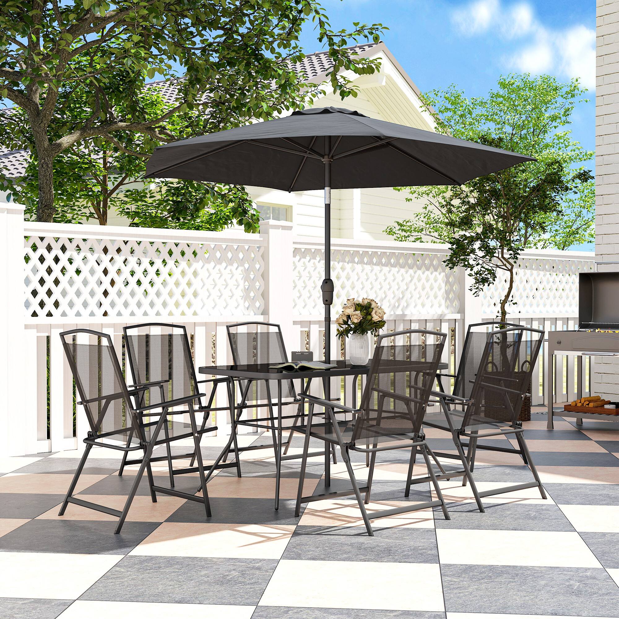 Alt View 8. Outsunny - Piece Outdoor Dining Set, Patio Furniture Set with Umbrella, 6 Folding Chairs - Black.