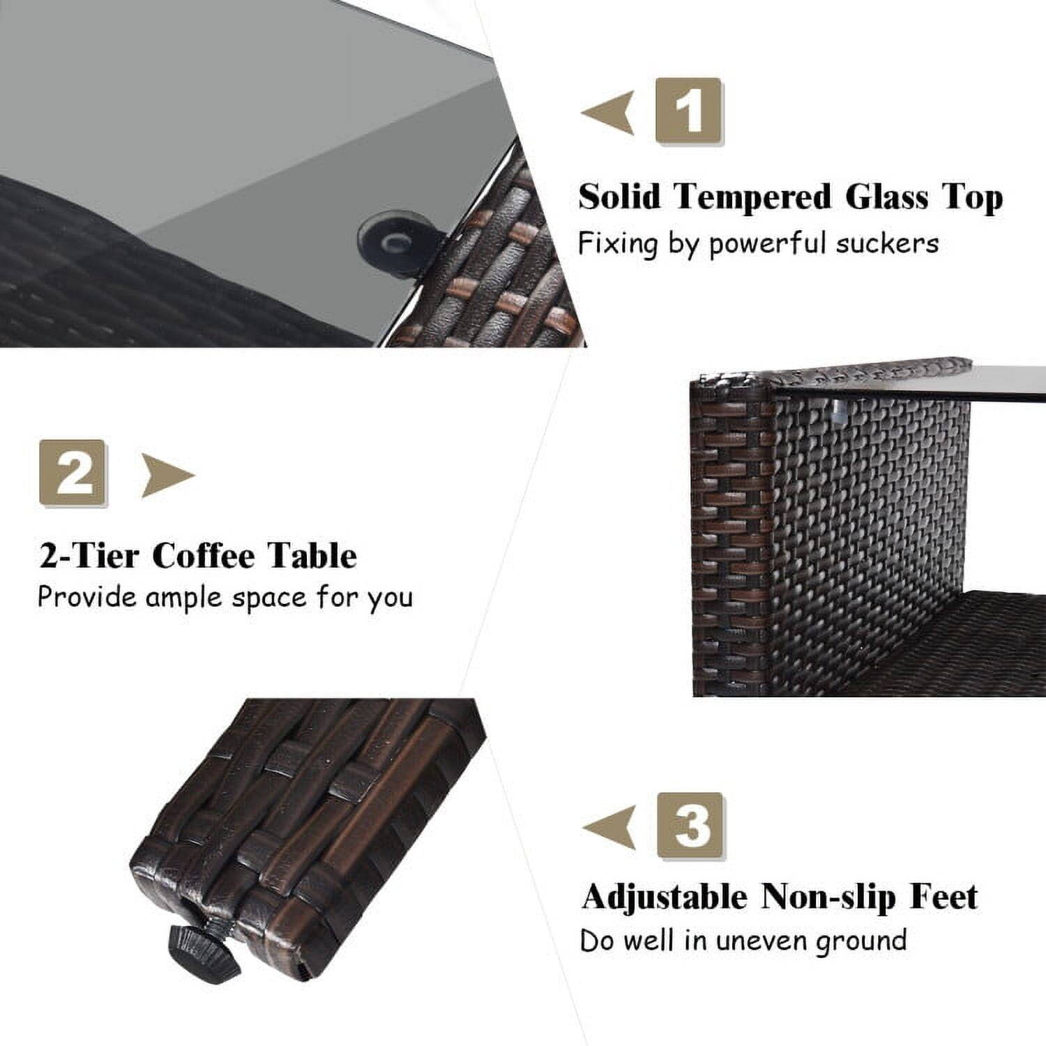 1. Solid Tempered Glass Top Fixing by powerful suckers  
2. 2-Tier Coffee Table Provide ample space for you  
3. Adjustable Non-slip Feet Do well in uneven ground
