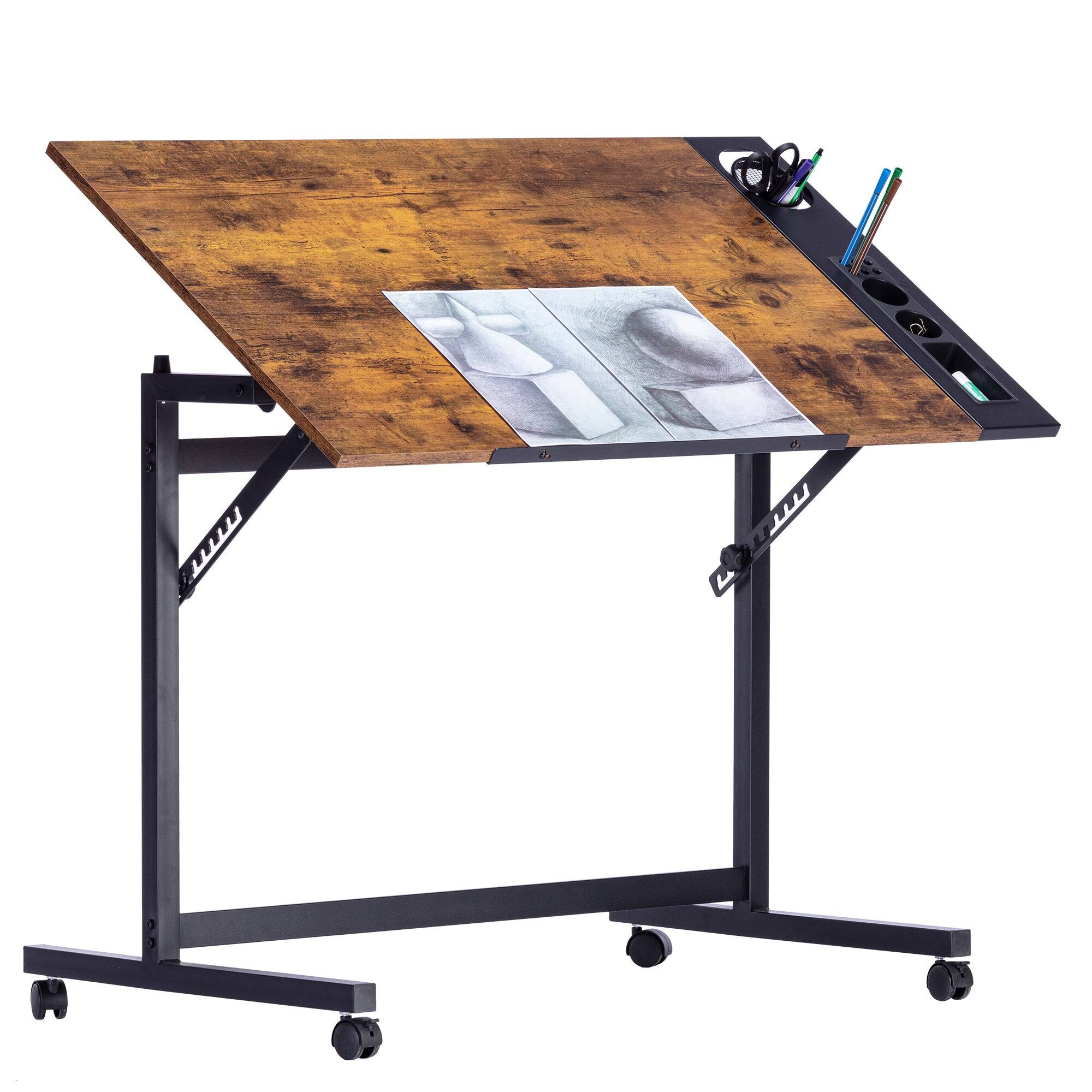 Vecelo - Adjustable Drafting Table 0-45° Tilt - Artist Desk with Storage Tray & Pencil Ledge, MDF/Metal Frame Art Table - Brown