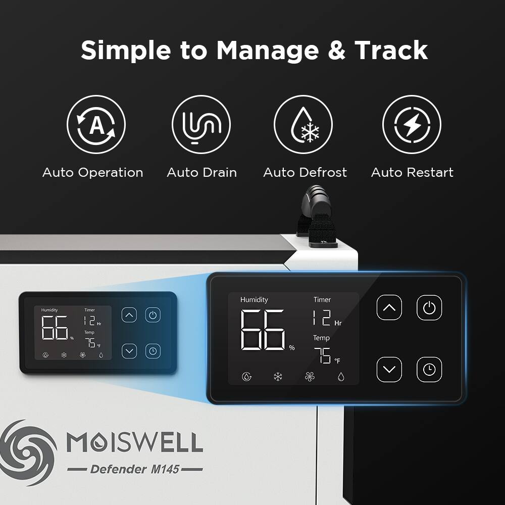 Simple to Manage & Track

- Auto Operation
- Auto Drain
- Auto Defrost
- Auto Restart

Humidity: 66%
Timer: 12 Hr
Temp: 75°F

MOISWELL Defender M145