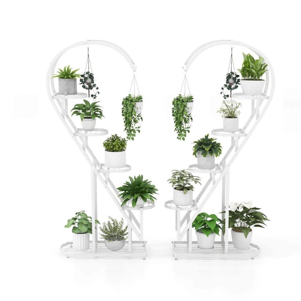 Pefilos - 5 Tier Metal Plant Stand with Hanging Hook for Multiple Plants- Flower Pot Stand for Planter Corner Garden Balcony - White