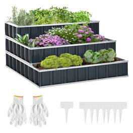 Outsunny - 3 Tier Raised Garden Bed Outdoor Metal Patio Planter Box with Gloves, 4' x 4' x 2' for Backyard - Dark Gray