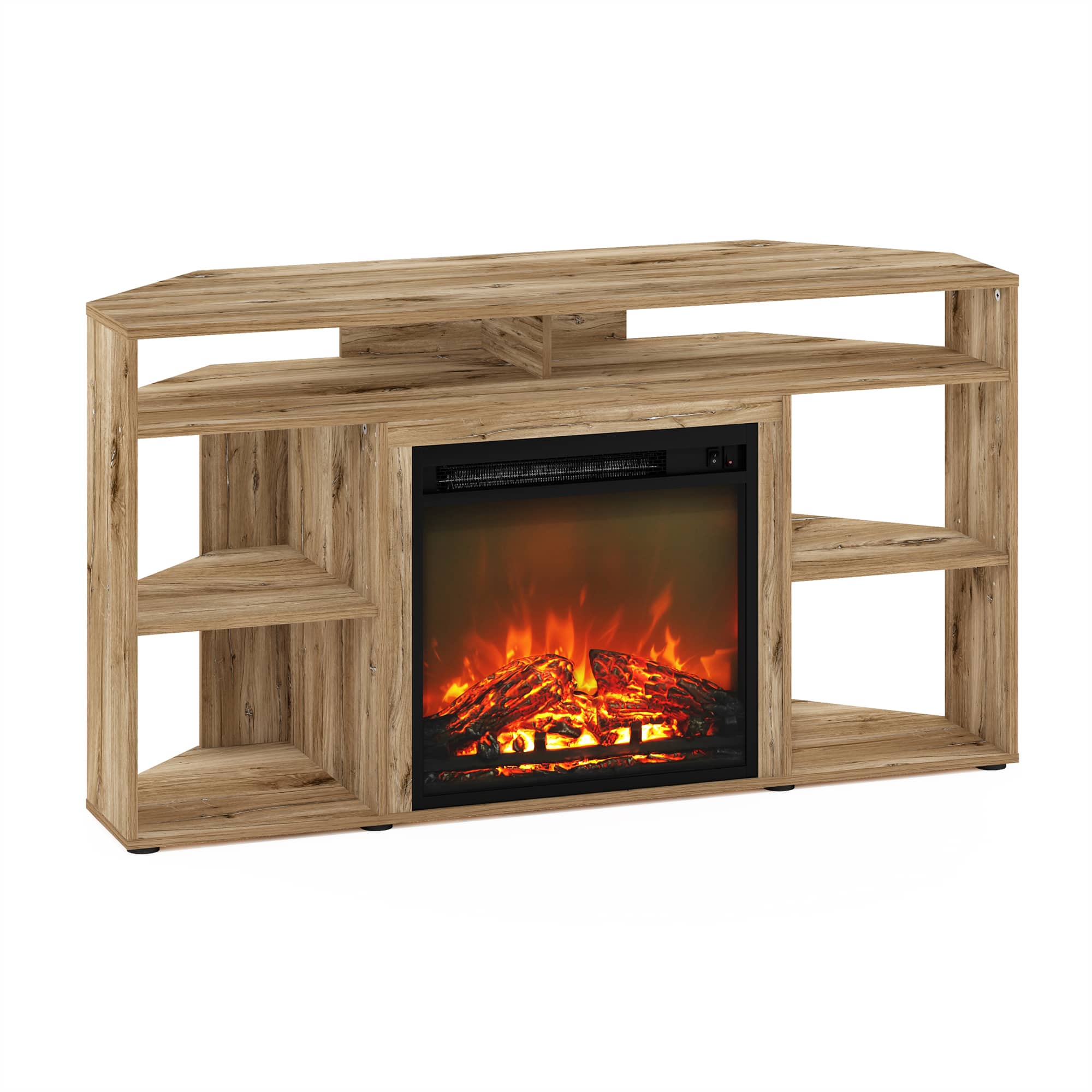 Furinno - Jensen Corner TV Stand with Fireplace for TV up to 55 Inches - Flagstaff Oak