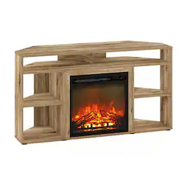Furinno - Jensen Corner TV Stand with Fireplace for TV up to 55 Inches - Flagstaff Oak