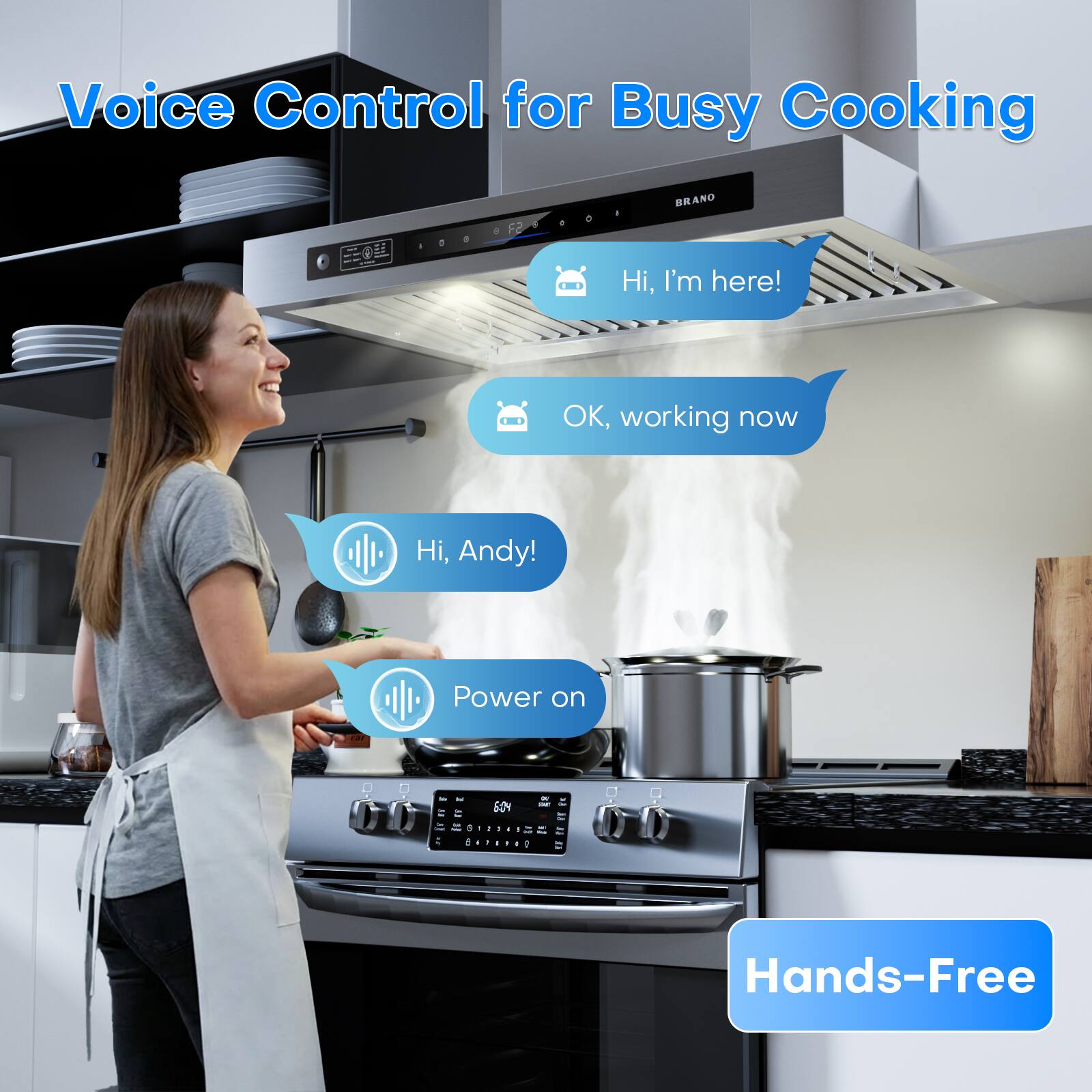 Voice Control for Busy Cooking

Hi, I'm here!
OK, working now
Hi, Andy!
Power on

Hands-Free