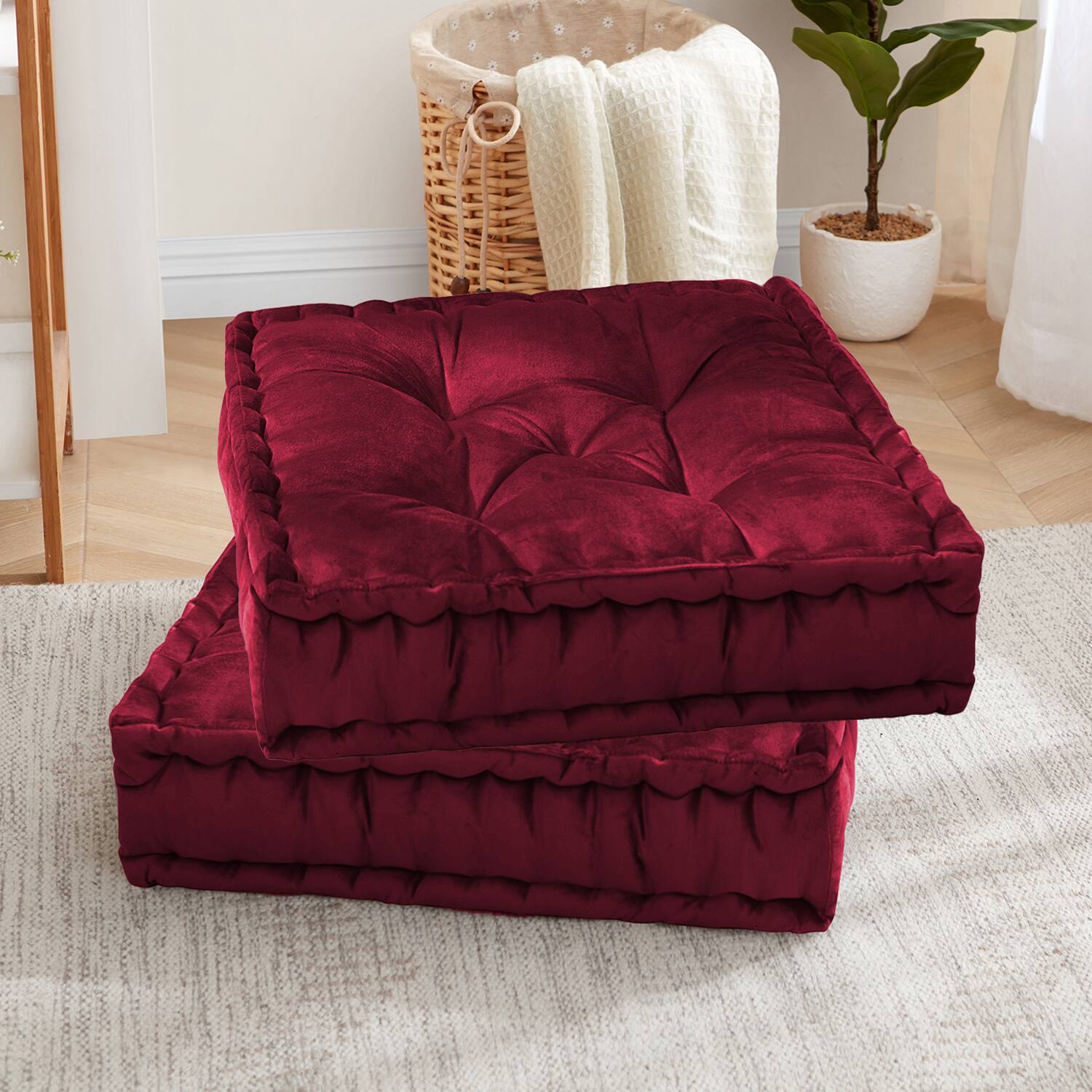 Front. Sweet Home Collection - 20"x20" Oversized Square Tufted Floor Pillow in Faux Velvet Fabric, 2-Pack - Burgundy.