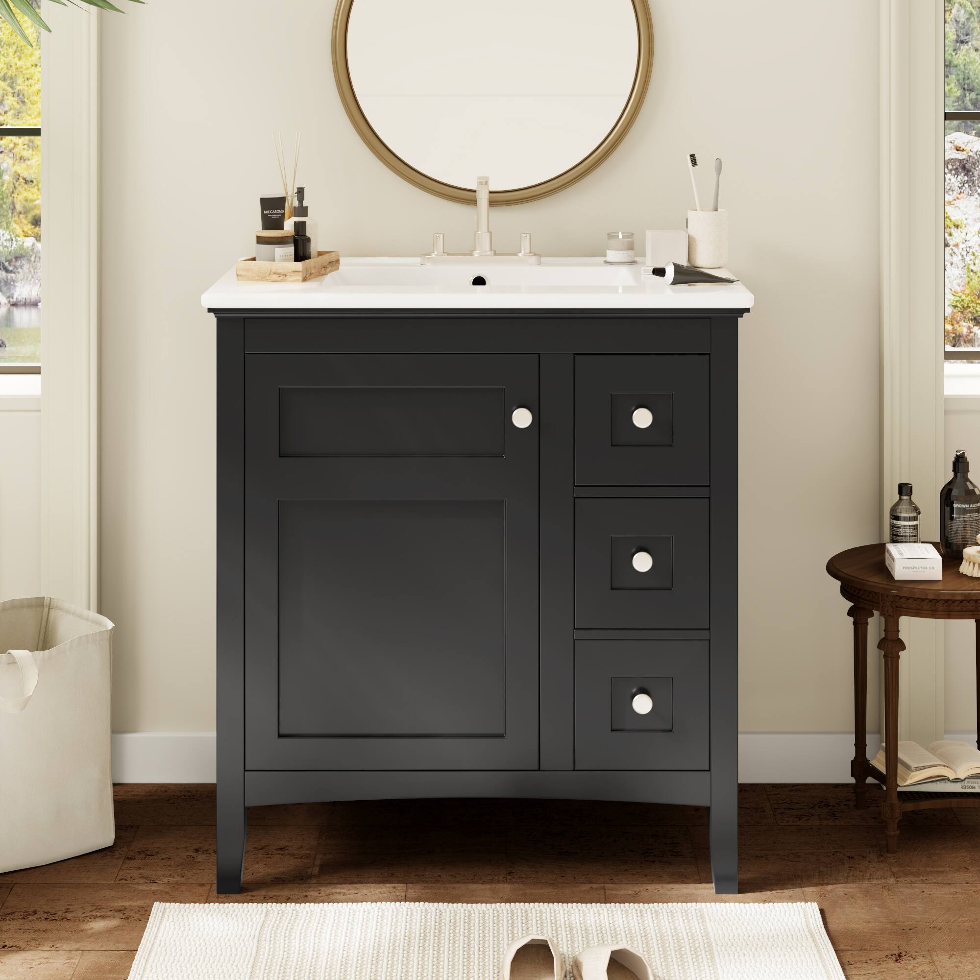 Front. Tiramisubest - 30" Bathroom Vanity with Ceramic Sink, Black Bathroom with 3 Drawers, Solid Wood Frame Modern Bathroom Storage Cabinet - Black.