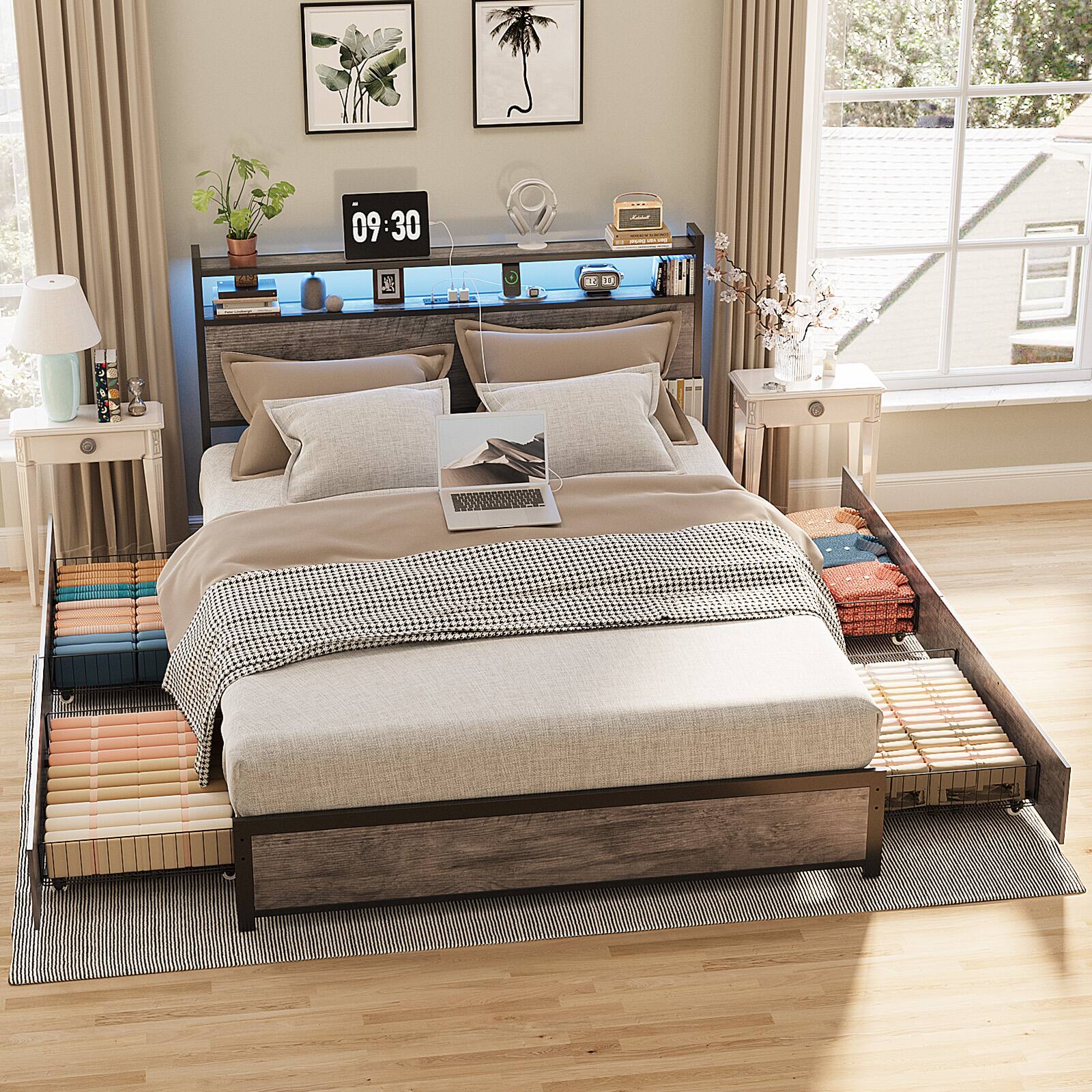 Alt View 9. Winado - Bed Frame Full Size with 4 Storage Drawers and Storage Headboard Metal Platform with Charging Station and LED Lights - Wash Gray.