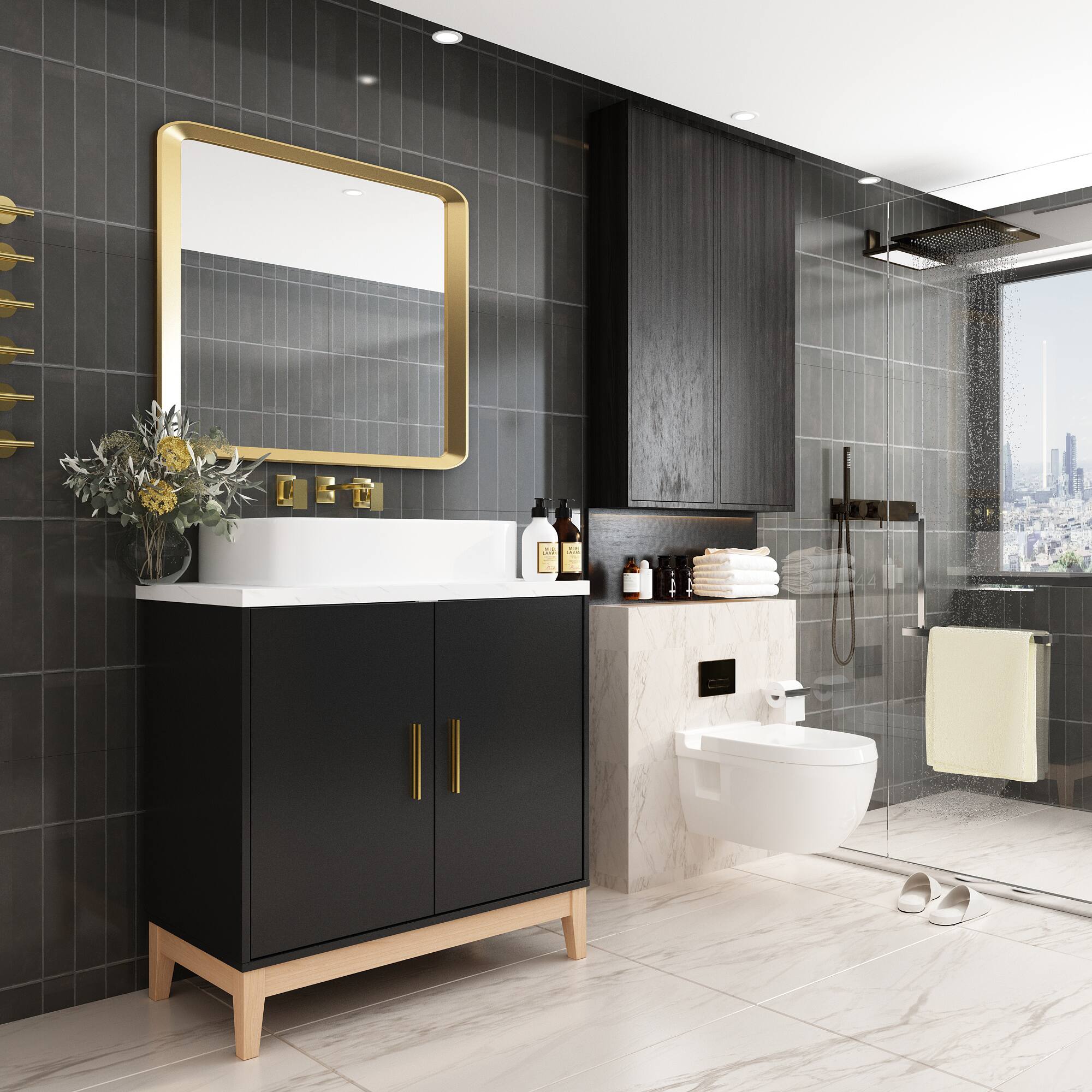 Alt View 1. Famapy - Luxury Bathroom Vanity with Ceramic Sink, Modern Storage Cabinet with Countertop and Organizer Space - White & Black.