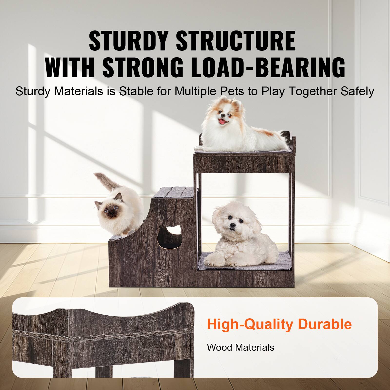STURDY STRUCTURE WITH STRONG LOAD-BEARING

Sturdy Materials is Stable for Multiple Pets to Play Together Safely

High-Quality Durable Wood Materials