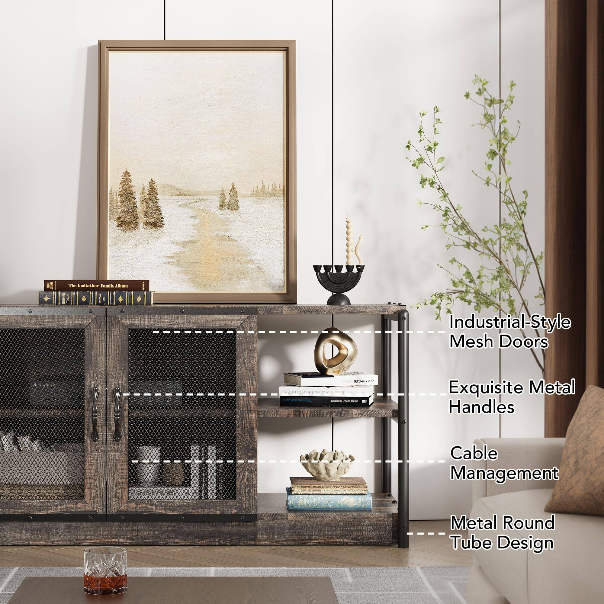 Industrial-Style Mesh Doors  
Exquisite Metal Handles  
Cable Management  
Metal Round Tube Design