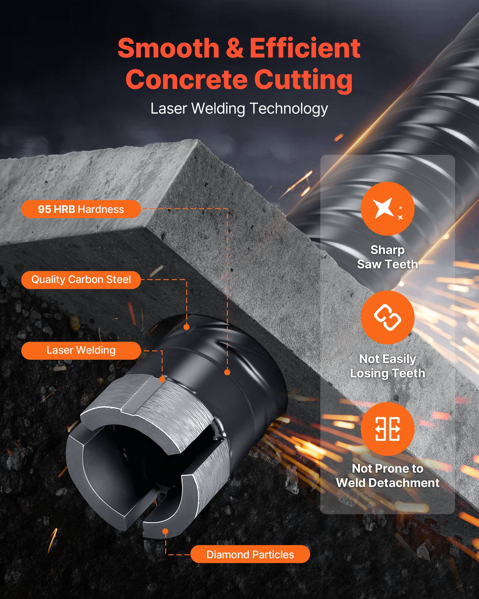 Smooth & Efficient Concrete Cutting  
Laser Welding Technology  

- 95 HRB Hardness  
- Quality Carbon Steel  
- Laser Welding  
- Sharp Saw Teeth  
- Not Easily Losing Teeth  
- Not Prone to Weld Detachment  
- Diamond Particles