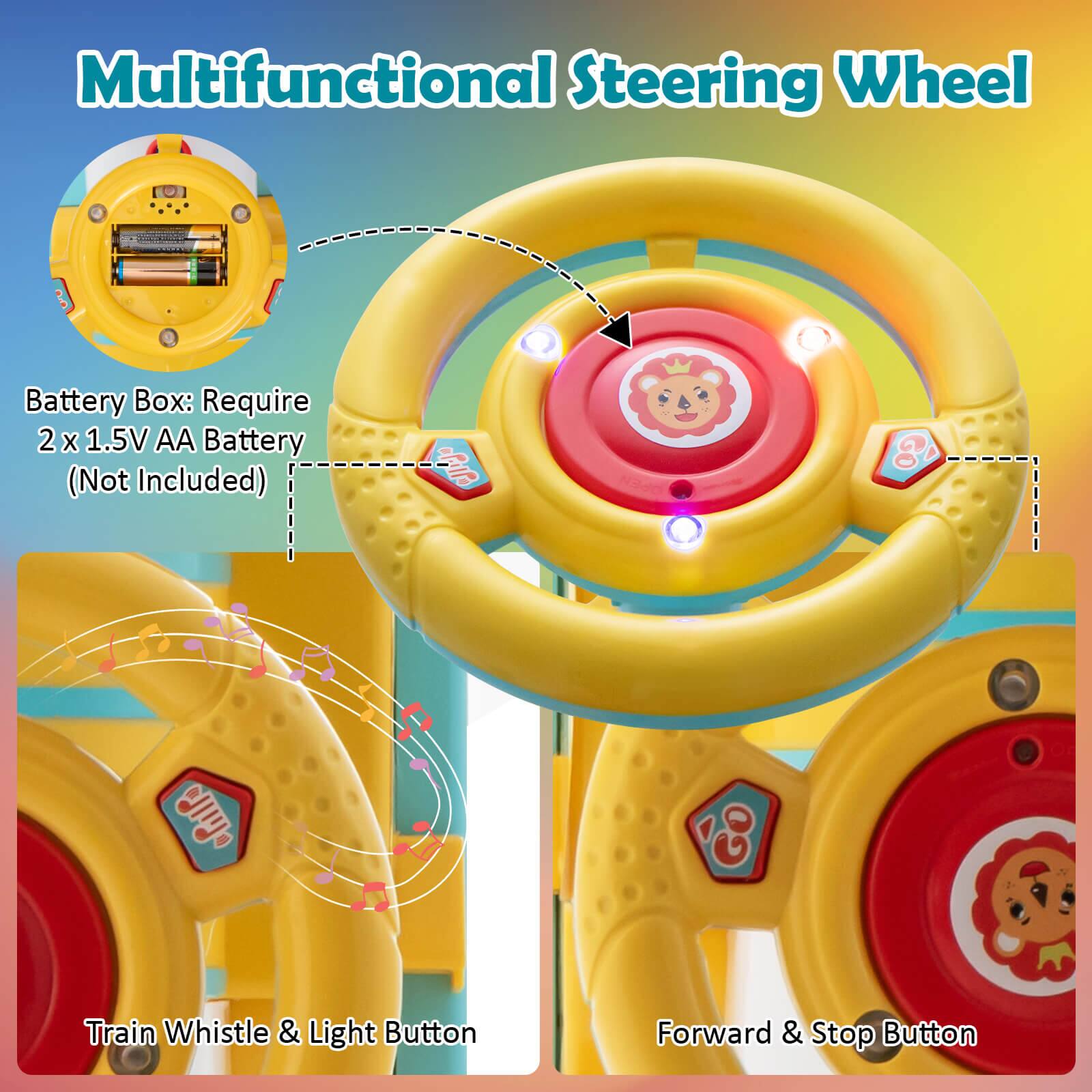 Multifunctional Steering Wheel

Battery Box: Require 2 x 1.5V AA Battery (Not Included)

Train Whistle & Light Button

Forward & Stop Button