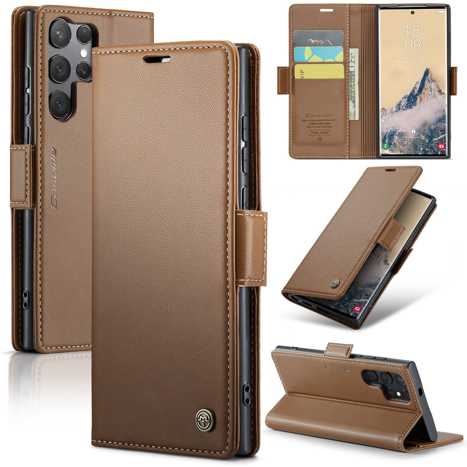 UUCOVER - For Samsung Galaxy S25 Ultra PU Leather Wallet Case with RFID Blocking Cash Card Holder, Magnetic Flip Kickstand Cover - Brown
