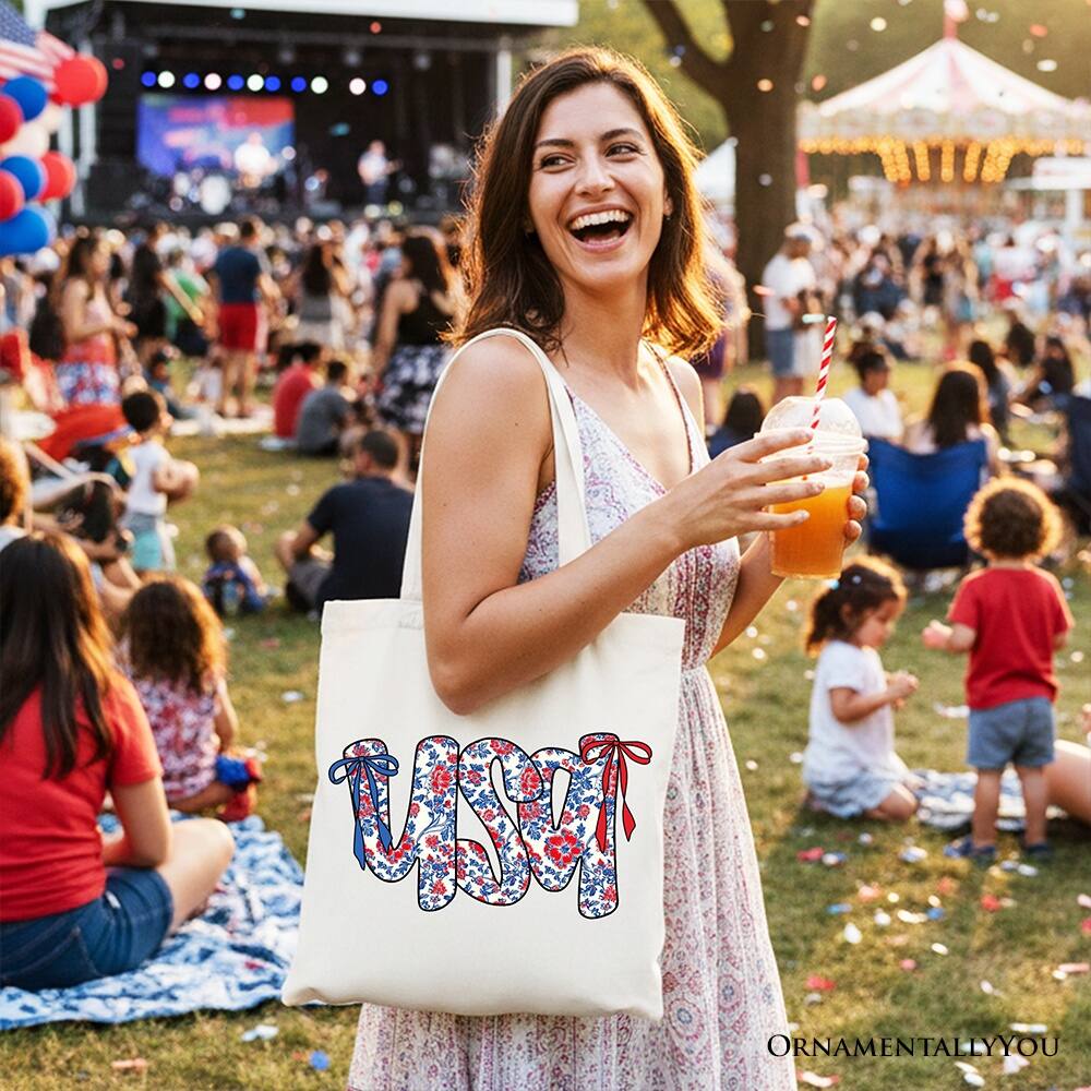 Left. OrnamentallyYou - Floral USA Patriotic Canvas Tote Bag, 4th of July Gift Shopper for Stylish Women - White.