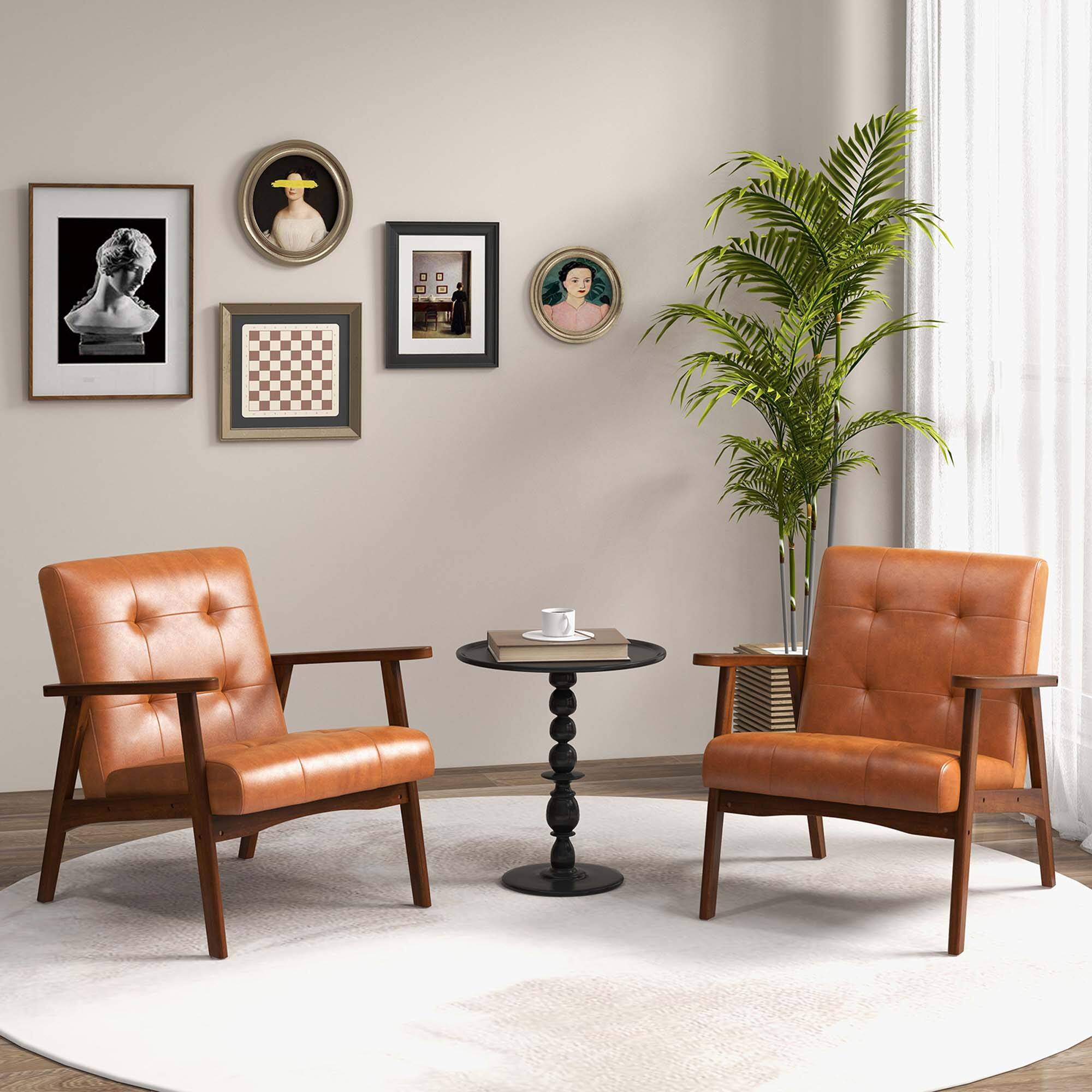 Alt View 3. Costway - Costway Mid Century Accent Chair Tufted Reading Armchair Solid Rubber Wood - Light Brown.