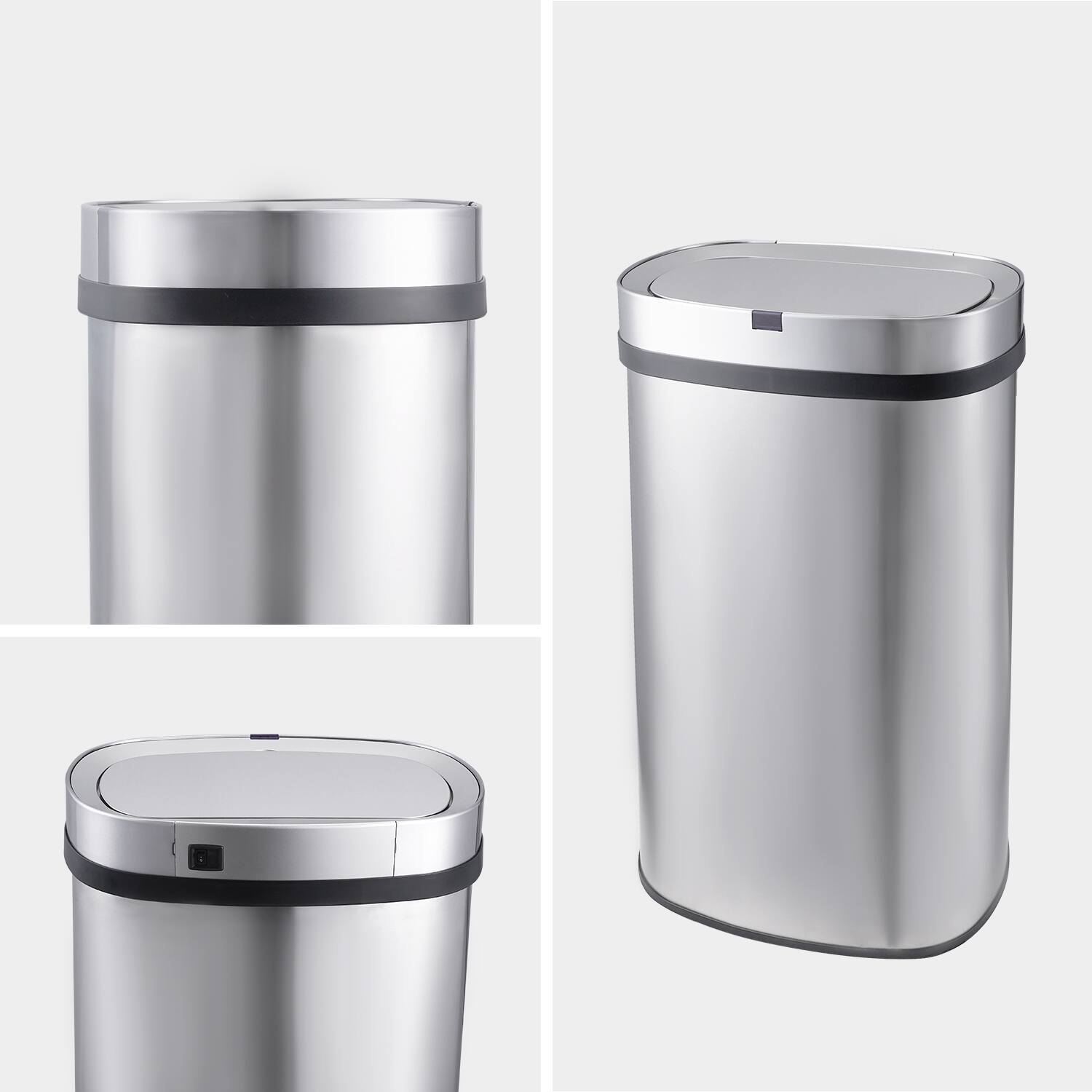 Left. Innovaze - 18 Gallon Stainless Steel Oval Motion Sensor Trash Can for Kitchen - Silver.
