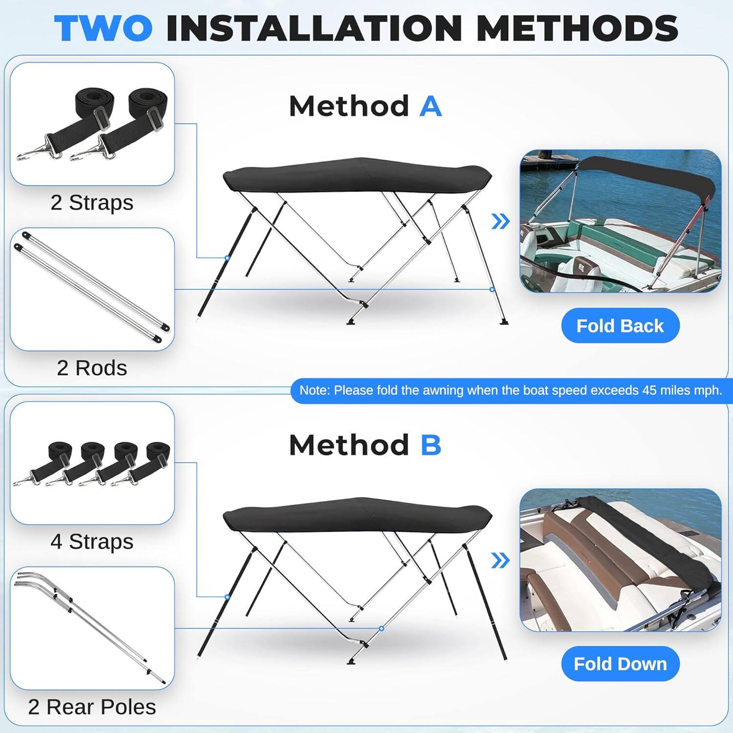 TWO INSTALLATION METHODS

Method A
- 2 Straps
- 2 Rods
- Fold Back

Note: Please fold the awning when the boat speed exceeds 45 miles mph.

Method B
- 4 Straps
- 2 Rear Poles
- Fold Down
