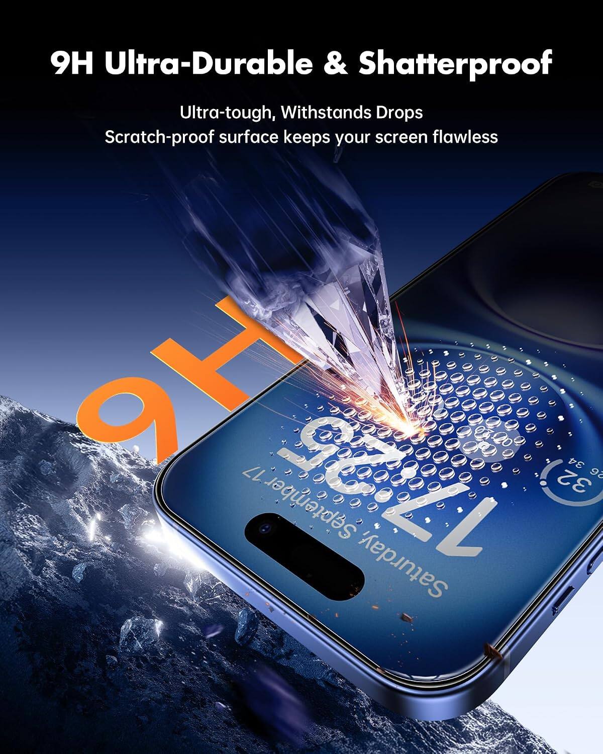 9H Ultra-Durable & Shatterproof  
Ultra-tough, Withstands Drops  
Scratch-proof surface keeps your screen flawless  

9H  
17:25  
32 34 26  
September 17 Saturday