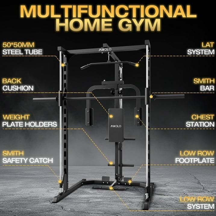 MULTIFUNCTIONAL HOME GYM 50*50MM STEEL TUBE MIKOLO LAT SYSTEM BACK CUSHION SMITH BAR WEIGHT PLATE HOLDERS MIKOLO CHEST STATION SMITH SAFETY CATCH LOW ROW FOOTPLATE LOW ROW SYSTEM