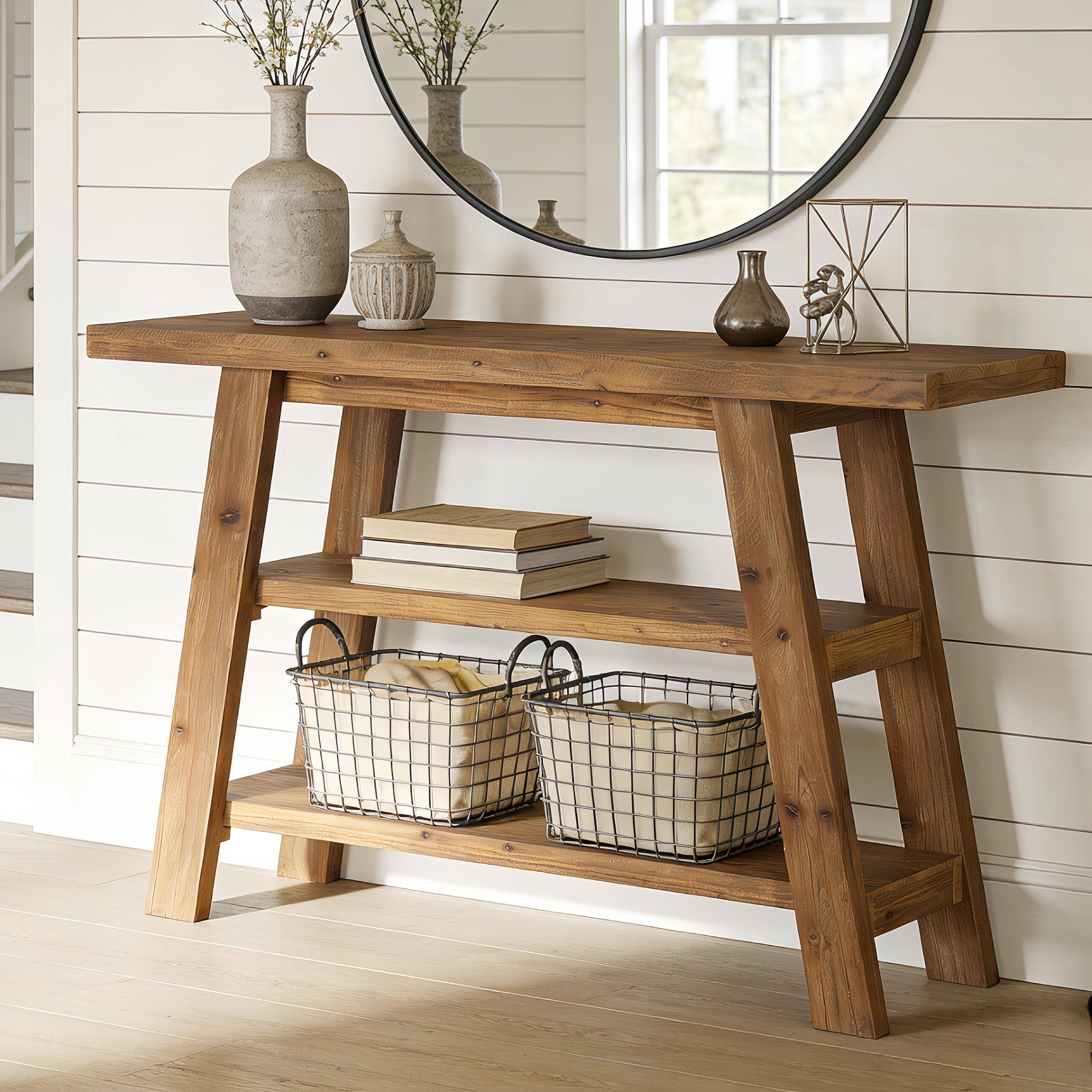 Alt View 1. Tribesigns - 47" Solid Wood Entryway Table, Farmhouse Console Table with 3-Tier Shelves, Narrow Behind Sofa Couch Table, Rectangular - Brown.