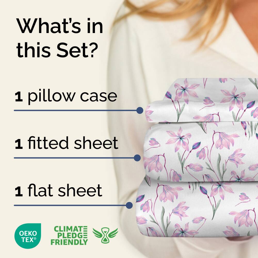 What's in this Set?

1 pillow case

1 fitted sheet

1 flat sheet

CLIMATE PLEDGE FRIENDLY

OEKO TEX