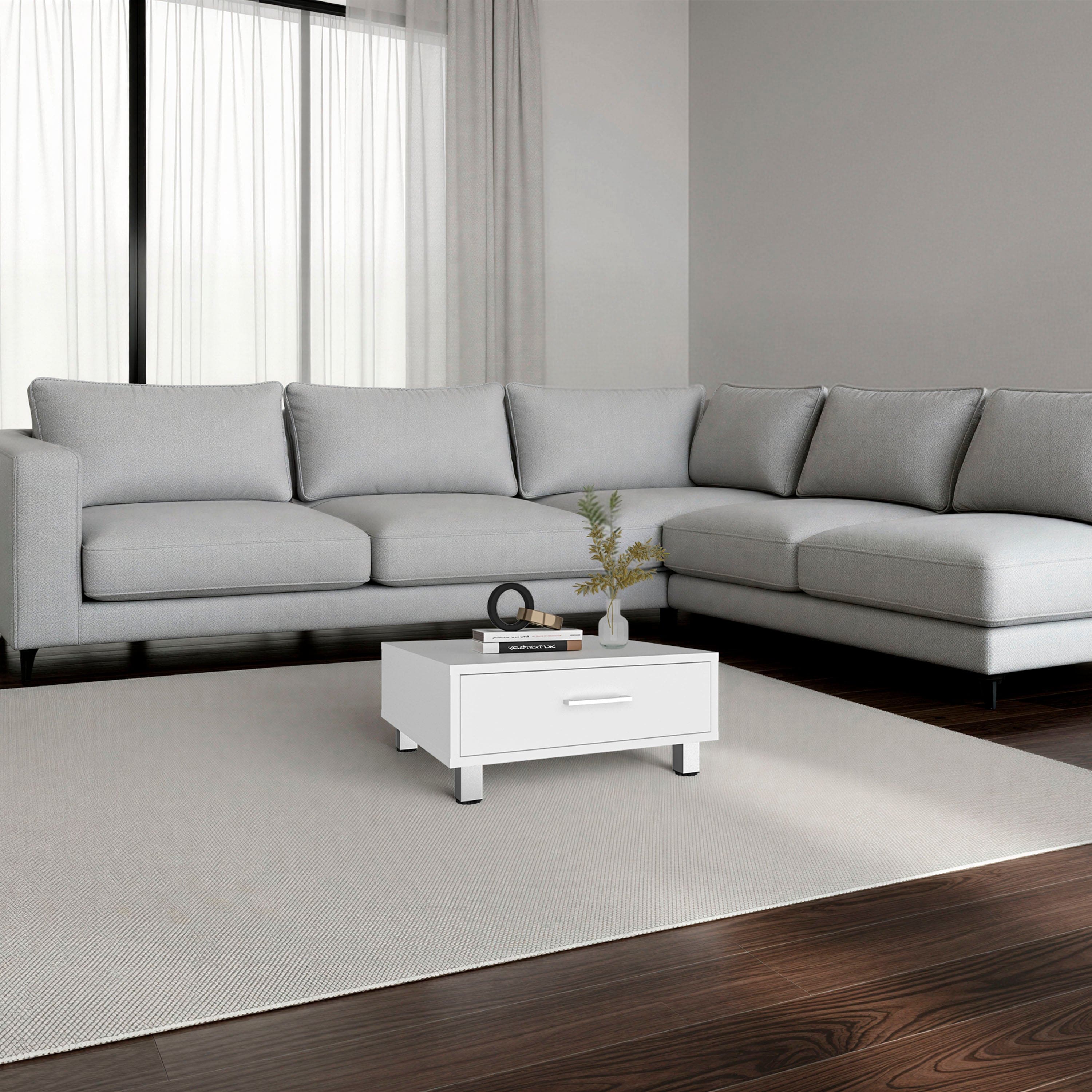 TuHome - Modern Square Coffee Table with Storage Drawer, 23.6" Engineered Wood Center Table with Metal - White