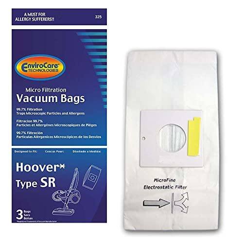 A MUST FOR ALLERGY SUFFERERS!!  
325 EnviroCare TECHNOLOGIES Micro Filtration Vacuum Bags  
99.7% Filtration Traps Microscopic Particles and Allergens  
Filtración 99.7% Partículas y Alergénicos Microscópicos de Piel  
Filtración 99.7% Partículas Alérgenicos Microscópicos de los Desvios  
Designed to Fit Concus Peeri  
Diseñado a Medida Hoover*  
Type SR  
MicroFine Electrostatic Filter Bags  
3 Bolsas Secs