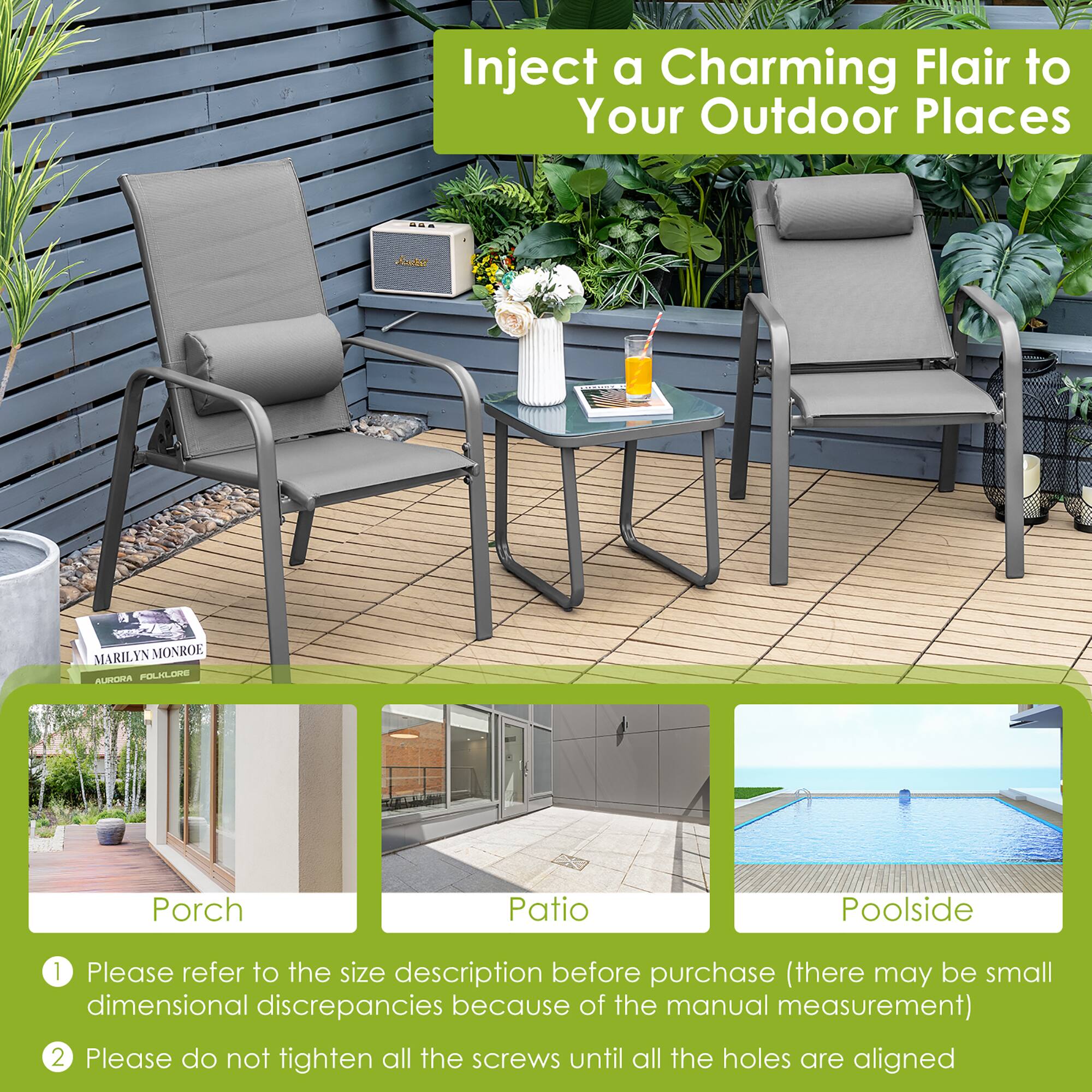 Inject a Charming Flair to Your Outdoor Places

Kuno
MARILYN MONROE
ALBIOMA POLKLOE

Porch
Patio
Poolside

1. Please refer to the size description before purchase (there may be small dimensional discrepancies because of the manual measurement)
2. Please do not tighten all the screws until all the holes are aligned
