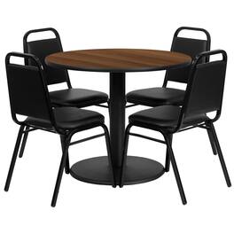 Emma + Oliver - 36" Round Laminate Table Set with 4 Trapezoidal Banquet Chairs - Walnut Top/Black Vinyl Seat